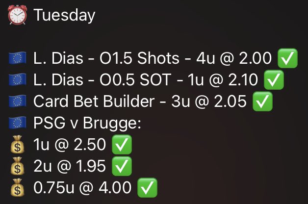 What an absolutely unreal night. Full house, 6/6 🤯😍 +13.9 units profit 💰
Absolutely buzzing! 🥳 All of these bets posted for free aswell 🤩

Wednesday’s UCL bets have already been posted! Group link 👉🏼 t.me/+xcqr6VCqwJU1N…
