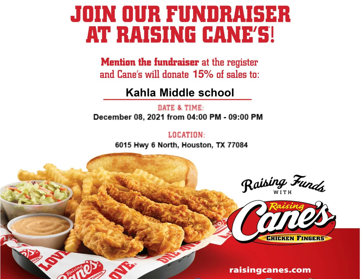 kahlams's tweet photo. Come out and support our Spirit Night at Raising Canes tomorrow located on Hwy 6. 15% of the sales will be donated to our school when you mention "Kahla MS Spirit Night" at the register.
#EveryKnightEveryDay #Building2BBest https://t.co/8V8SYD0APf