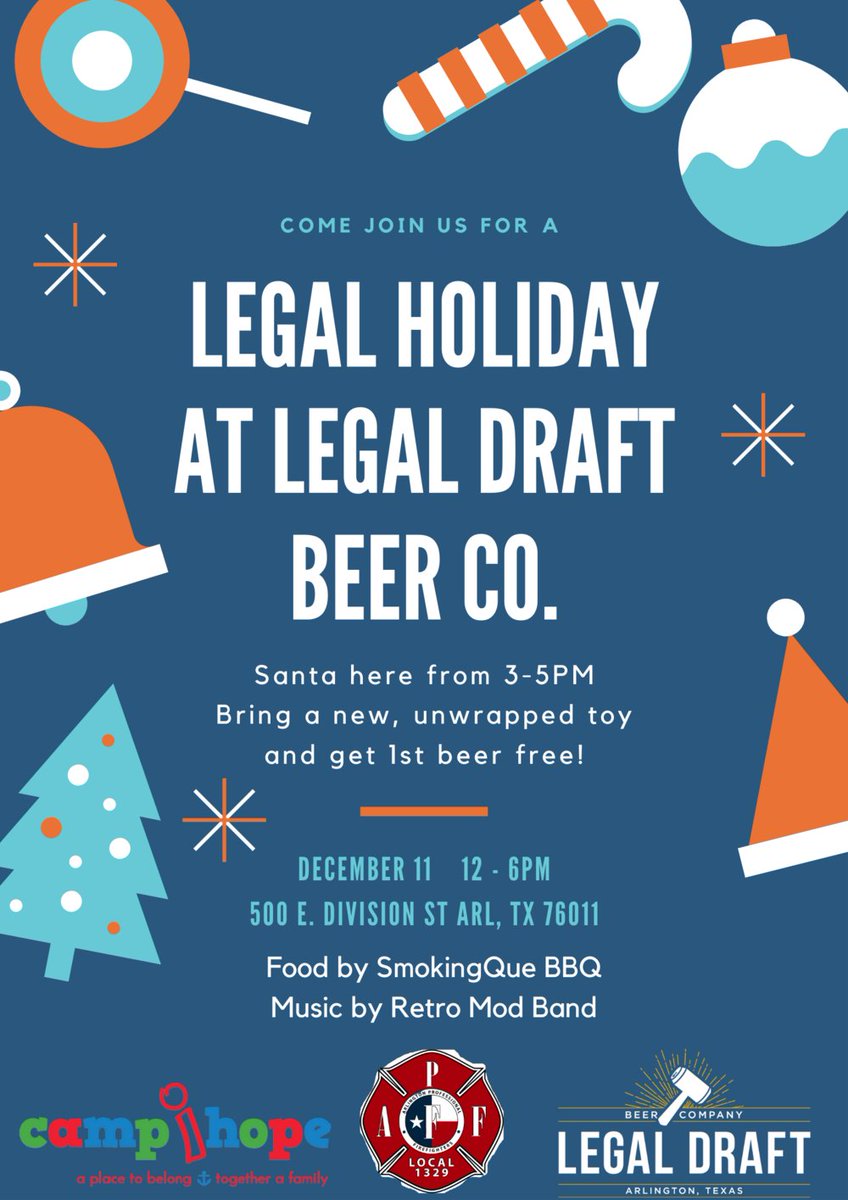 LightsParade's tweet photo. Brew up some Holiday Spirit with @LegalDraftBeer and the @ArlingtonTxFire! Bring a new + unwrapped toy on December 11th, from Noon-6pm and get your 1st beer FREE! Then head over to the parade!

#AHLP2021 #LegalDraftArlington #ArlingtonFireFighters #dtArlington https://t.co/OAU0AHIoxT