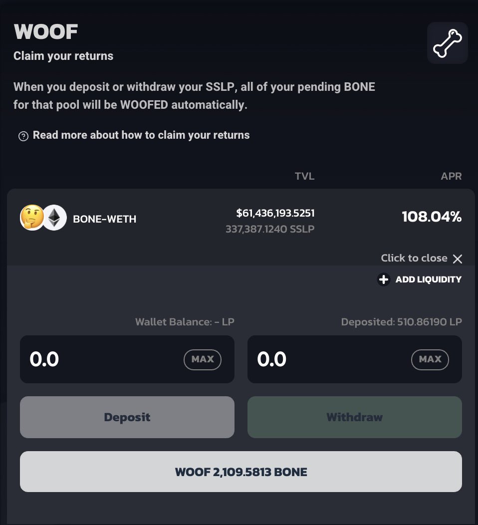 Shibaswapjp's tweet photo. 本日のWOOF💰

1954枚から2109枚になったので

昨日から24時間で155枚BONE🦴
プラス

本日も3万��ほどのBONEですね🦴

APRは108.4%で少し上昇⤴︎

#SHIB #SHIBASWAP  #SHIBARMY #BONE  #WOOF https://t.co/U5sgrNJu9q
