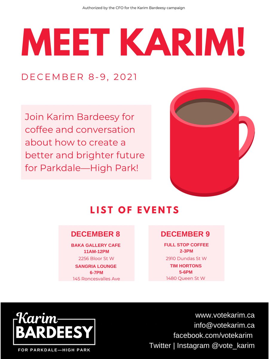 vote_karim's tweet photo. Karim will be visiting different parts of the riding this Wednesday and Thursday, and you’re invited to drop by and join him for a coffee to meet and chat about the issues. Let us know if you can join by emailing karim@votekarim.ca! #onpoli #KB4PHP #ParkHP https://t.co/CtPbmeonld
