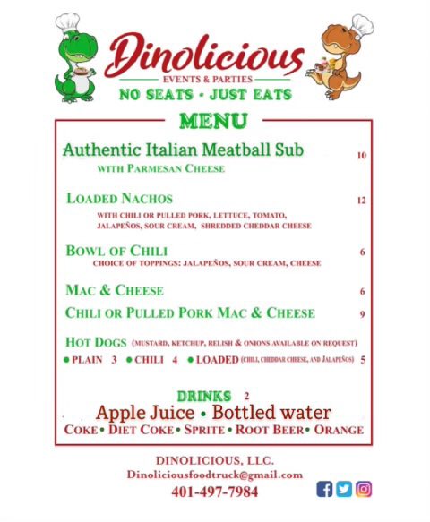 The menu of <a href="/dinolicioust/">Dinolicious Food Truck</a> for
the Sentinel Holiday Story Fest this Friday! Be there to taste their delicious items at 2 Church Street, Greenville, RI #holidavstorvfest