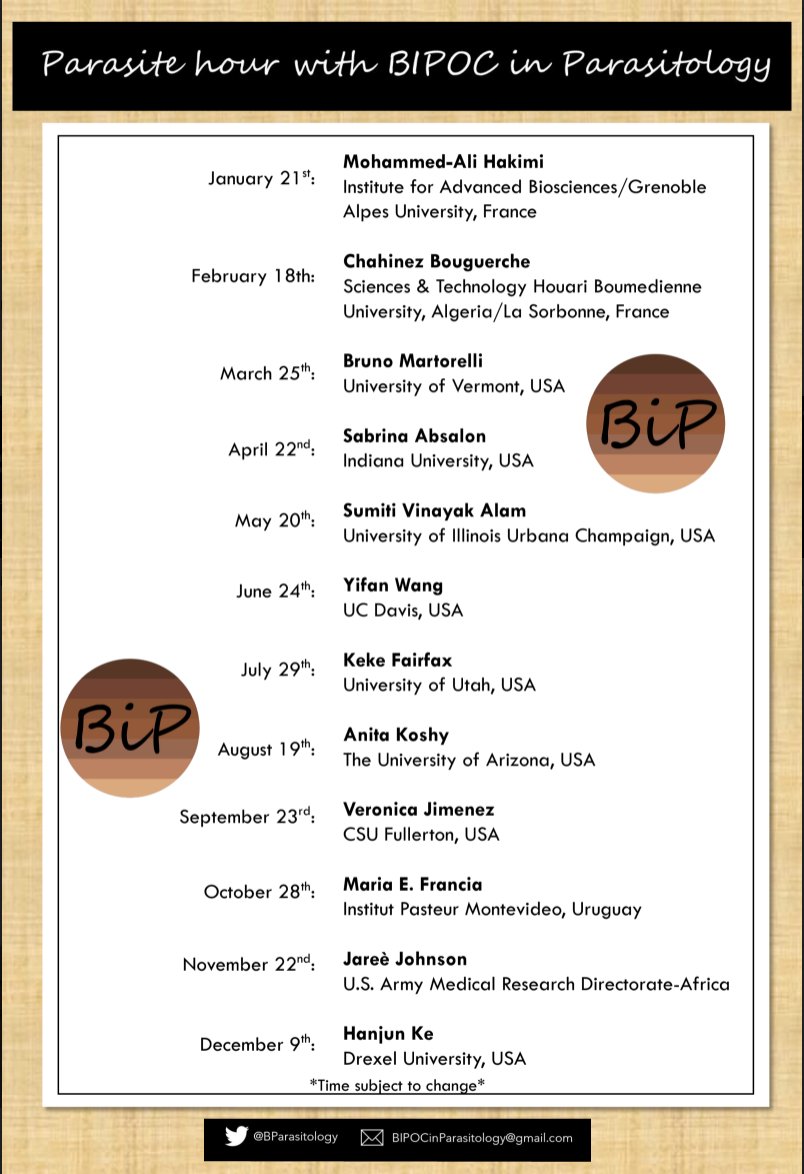 PiParasitology's tweet image. GUESS WHAT? NEXT YEAR PARASITE HOUR WITH BiP SCHEDULE IS OUT!!! To get an idea of what it&apos;s like to spend an hour with us on a FRIDAY, please ATTEND @rejoicePhD&apos;s talk THIS FRIDAY!!! Check out our pinned twee! WE ARE SO PSYCHED! YES WE ARE SPEAKING LOUDLY RIGHT NOW!
