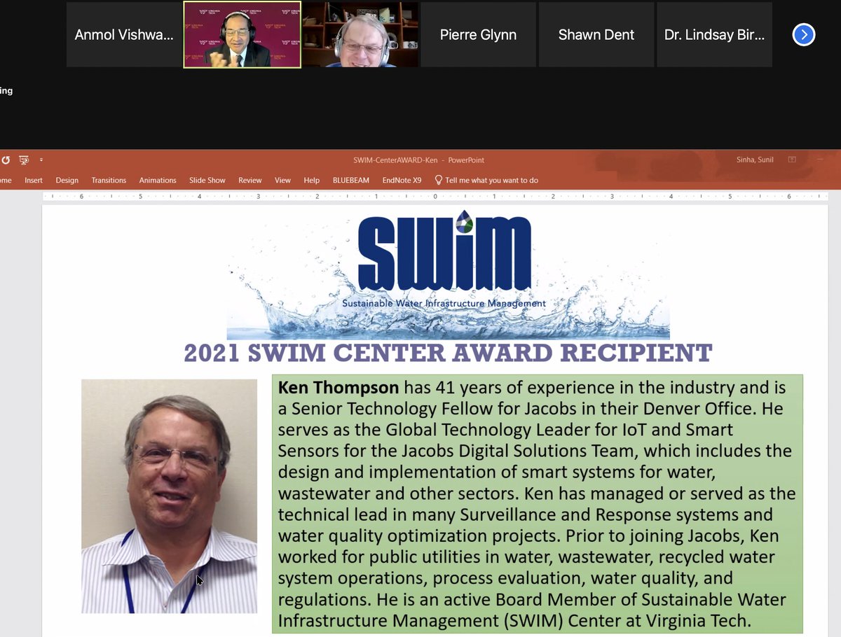 vtswim's tweet photo. We wrapped up day 1 of the SWIM Conference with the annual SWIM Award. We would like to congratulate Ken Thompson from Jacobs for the SWIM Center award for 2021. #SWIM2021 https://t.co/CXWexJs2Rm