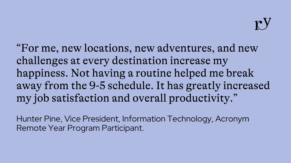 remoteyear's tweet photo. Remote work gives you the flexibility to choose where you work from, which means that your productivity and overall happiness will increase. Take it from Hunter, a VP who traveled the world w/ Remote Year:
#RemoteYear #LetsJourneyTogether #WorkRemote #RemoteWorkBenefits https://t.co/ZOFPE9WO4L