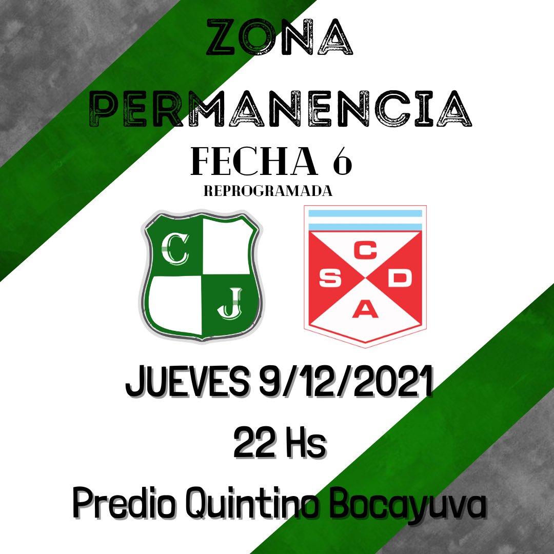 ❇️ZONA PERMANENCIA.
✔️Fecha 6 vs <a href="/Alma_futsal/">CSD ALMAFUERTE ⭐️</a> (suspendida)
🔸Jueves 9/12/21.
🔸22 Hs. 
🔸Predio Quintino Bocayua .
🔸A seguir alentando, los esperamos a todos! Siempre unidos 🤞🏼💪🏼🤍 
.
.
#SomosJuvencia 🇳🇬