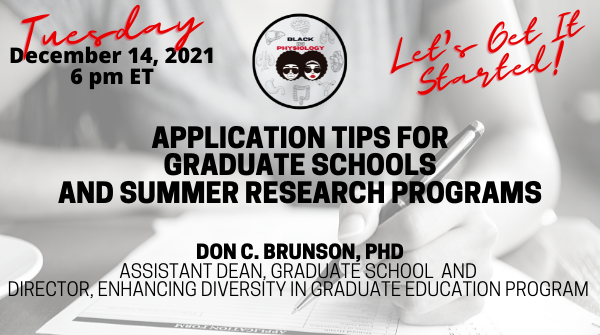 Now is the time to identify and apply for Graduate School Programs and Summer Research Programs.

Learn tips that will make your application standout.

Tues, Dec 14, 2021 @ 6:00 PM ET

Register:
us06web.zoom.us/meeting/regist…

#BlackInPhysiology 
#BiPWorkshop