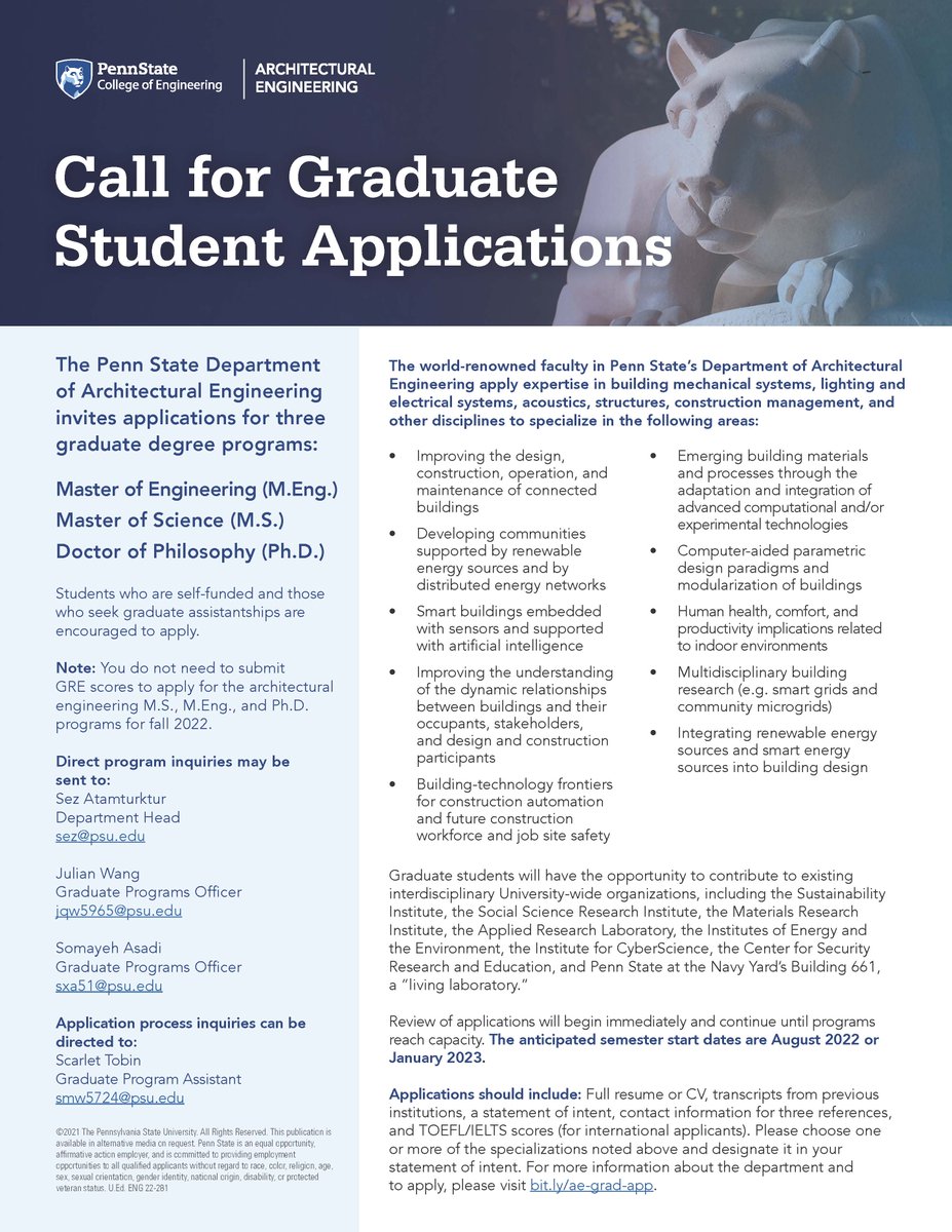 PSU_BEAMlab's tweet photo. Penn State Architectural Engineering graduate program is looking for M.Eng, M.S. &amp; Ph.D. students. https://t.co/IKiXctdVNw @PSU_AE  #Gradschool #ArchitecturalEngineering https://t.co/VkP8LfYdWg