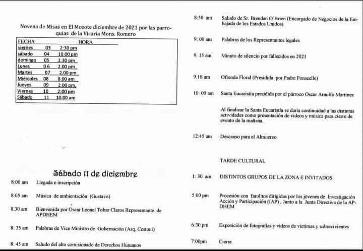 Programación para la celebración del 40 aniversario de la masacre de nuestros familiares.
#El_Mozote_nunca_más