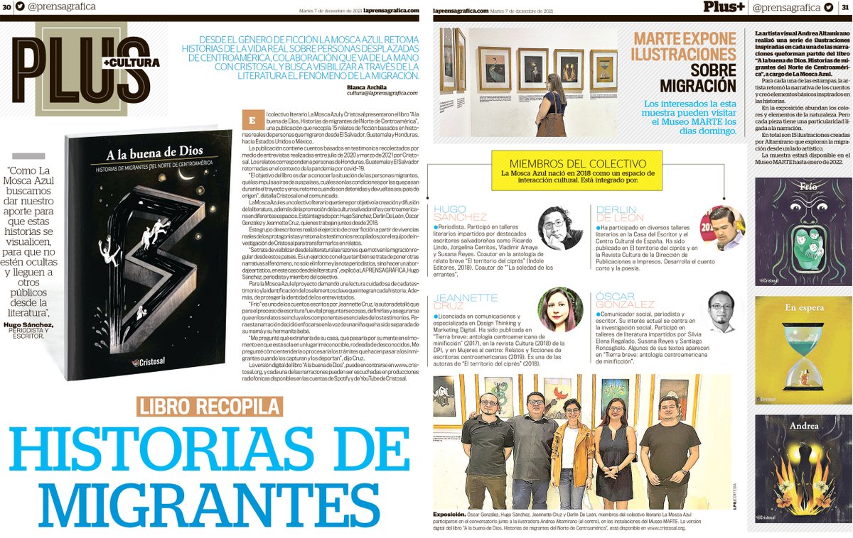 LaMoscaAzulsv's tweet photo. @prensagrafica dedicó dos páginas de su edición de hoy (7/12/2021) para hablar sobre #AlabuenadeDios. Un libro que recoge relatos sobre migrantes del norte de Centroamérica. La publicación también retoma las ilustraciones de @yeahndrea. 

Agradecemos a la periodista @BlancaArg. https://t.co/aXd8PwYdjX
