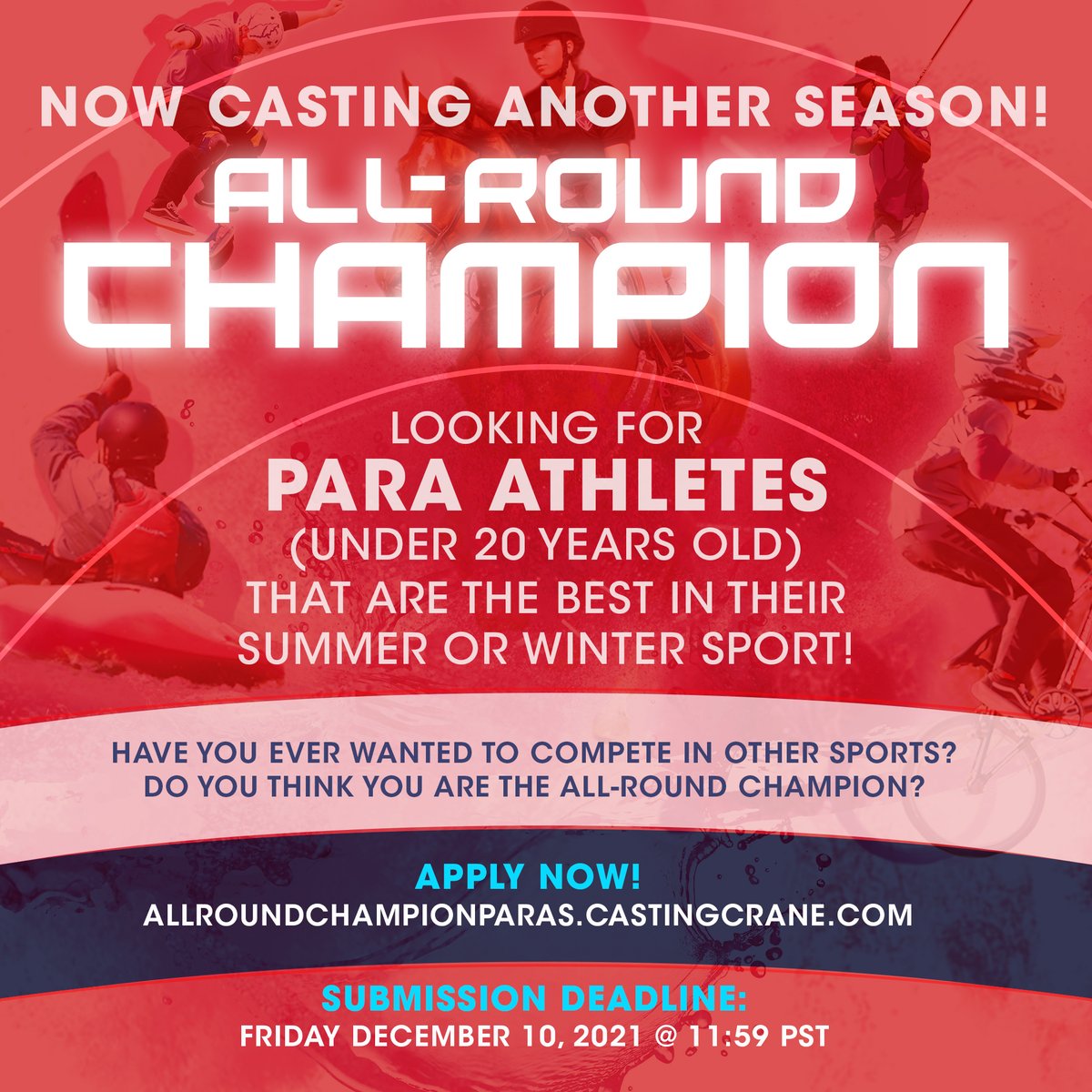 Hi <a href="/PSAAlberta/">Paralympic Sports</a> - just wanted to checkin and see if there are any youth para-athletes in your network that might be interested in this awesome opportunity! The deadline to apply is December 10!
allroundchampionparas.castingcrane.com