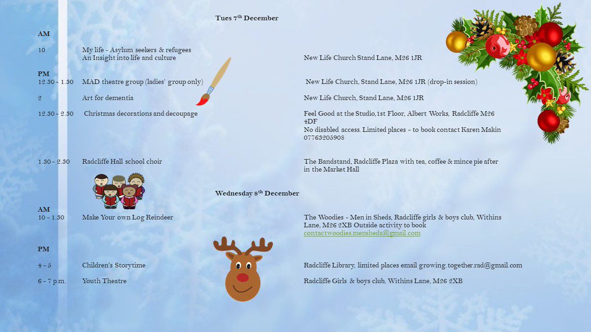 GrowingTogeth13's tweet photo. And tomorrow for Radcliffe's 'Arts and culture week '
We have #TheWoodies reindeer making workshop being held inside #radcliffegirlsandboysclub due to the weather.
And childrens story time at #radcliffelibrary then youth theatre at #radcliffegirlsandboysclub https://t.co/lqYcBjzLrQ