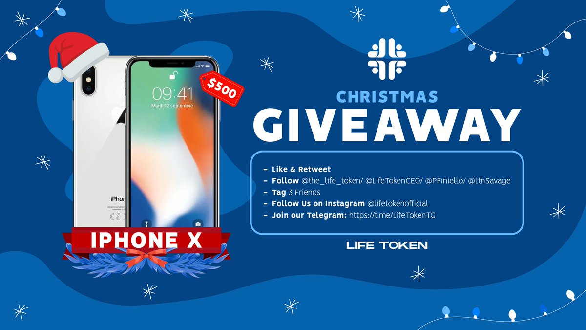 the_life_token's tweet photo. iPhone X Christmas Giveaway! 🥳

To enter:

- Like &amp; Retweet ✅
- Follow @the_life_token / @LifeTokenCEO / @PFiniello / @LtnSavage⛄️
- Tag 3 Friends 🫂
- Follow Our Instagram: @lifetokenofficial📸
- Join Telegram: https://t.co/JHMUy2XzrL🎄

Ends 12th December ⏰

#Giveaway #BSC https://t.co/Cz8RkqagFC