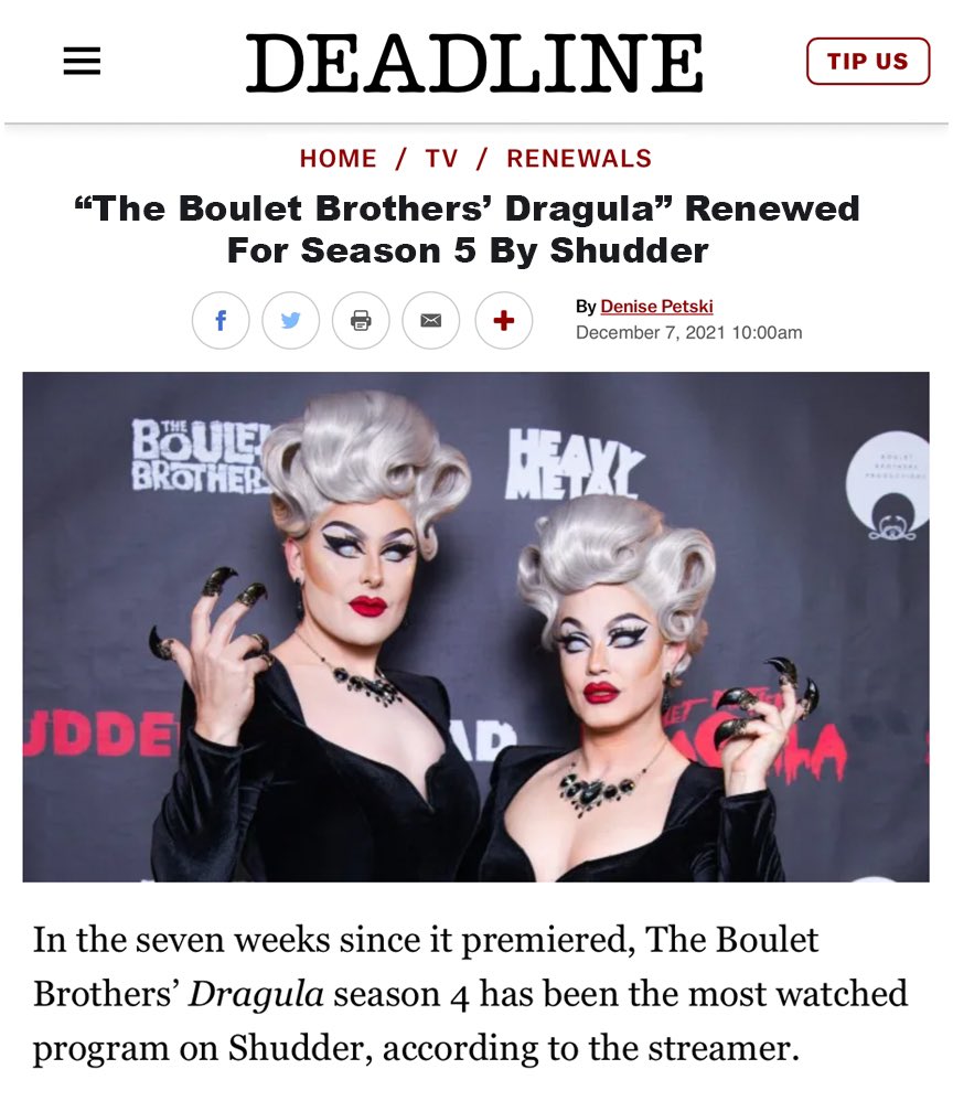 bouletbrothers's tweet photo. “In the seven weeks since it premiered, The Boulet Brothers’ Dragula season 4 has been the most watched program on Shudder.” Thank you for watching, everyone - we are only getting started, and there is so much more to come! Full article: https://t.co/4flgYwHwx7 https://t.co/hHWpZPuBND