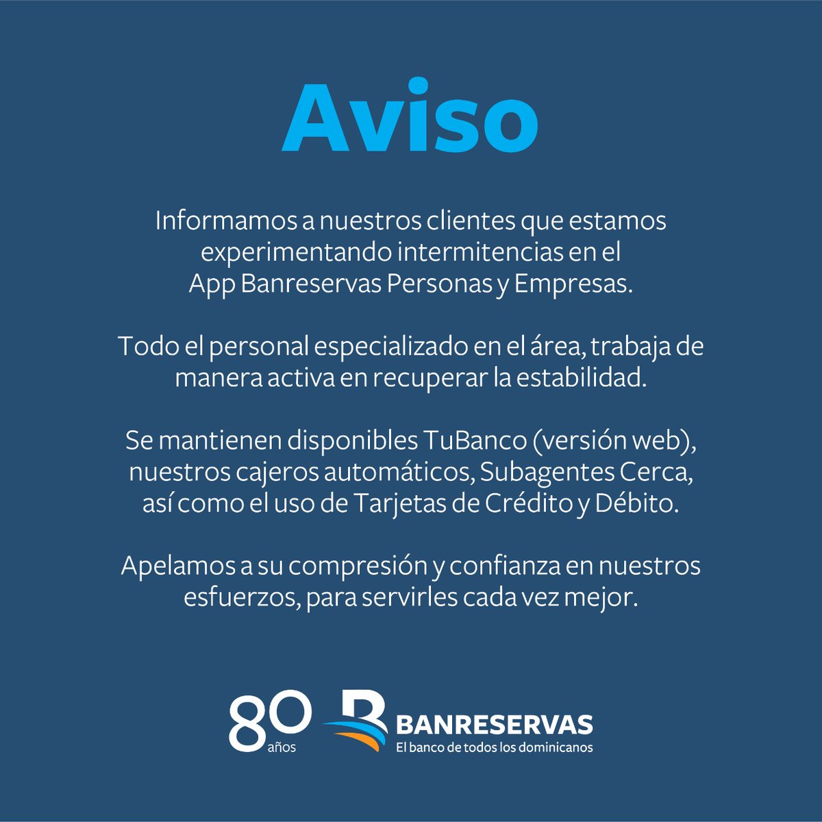 BanreservasRD's tweet photo. Aviso. https://t.co/9OyMa7sjjs