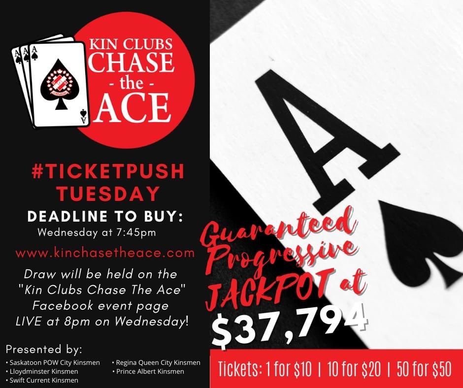AssiniboiaKin's tweet photo. It’s #TicketPushTuesday! Time to get your tickets for the provincial Kin Chase the Ace draw for your chance to win big. Go to https://t.co/dVGKV65qZY to purchase tickets and support the #Assiniboia Kinette club. https://t.co/5OyLOxLLdY