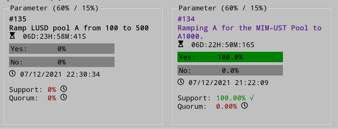 CurveFinance's tweet image. Two parameter votes to increase LUSD and MIM-UST pool density (amplification factor). When low volatility permits - higher A = more volume and fees