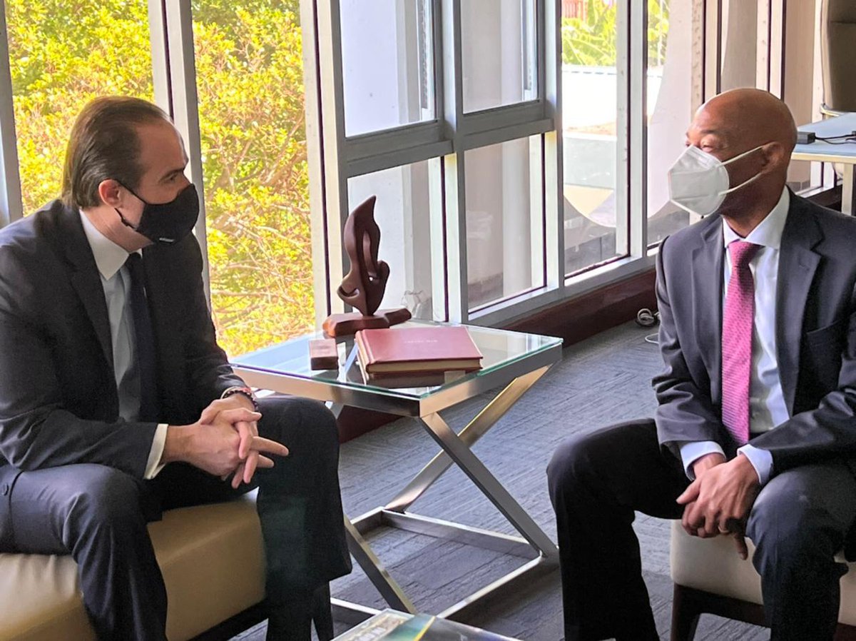 Pres. Claver-Carone &amp; CSO @JessicaLBedoya met w/@caribank Pres. Gene Leon in...