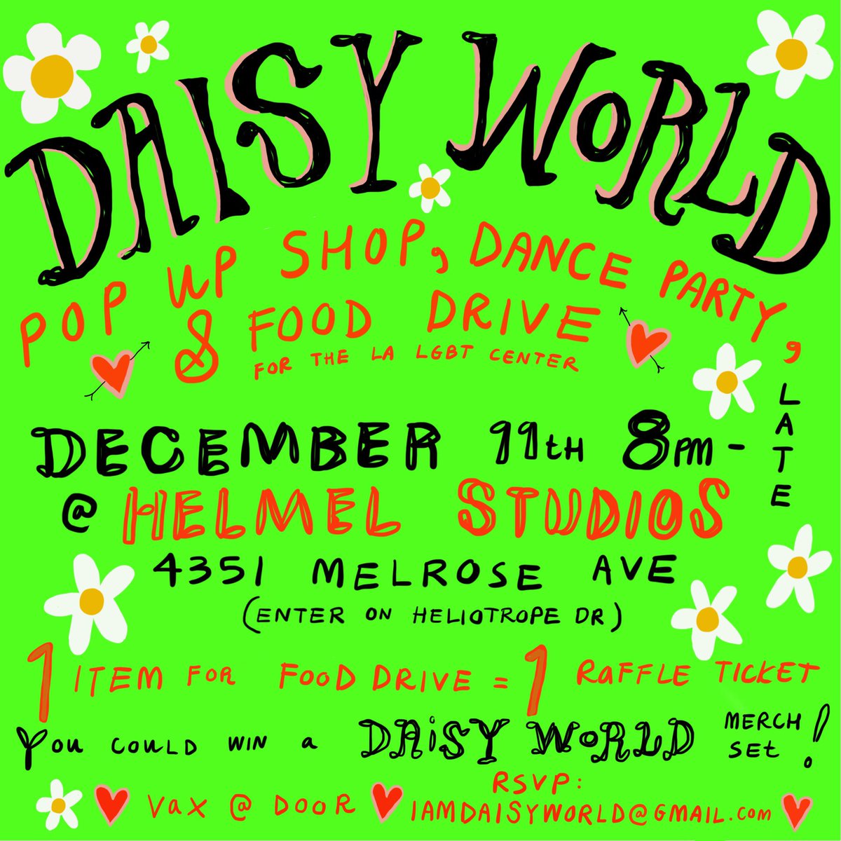 DAISYHAMELBUFFA's tweet image. IM THROWING A POP UP DANCE PARTY FOOD DRIVE THIS SATURDAY! COME SEE &amp;amp; TOUCH &amp;amp; OWN MY NEW COLLECTION IVE BEEN WORKING FOR MONTHS!! BRING AN ITEM FOR THE FOOD DRIVE TO ENTER THE RAFFLE FOR A MERCH SET!! HEHE RSVP AT IAMDAISYWORLD@GMAIL.COM ❤️