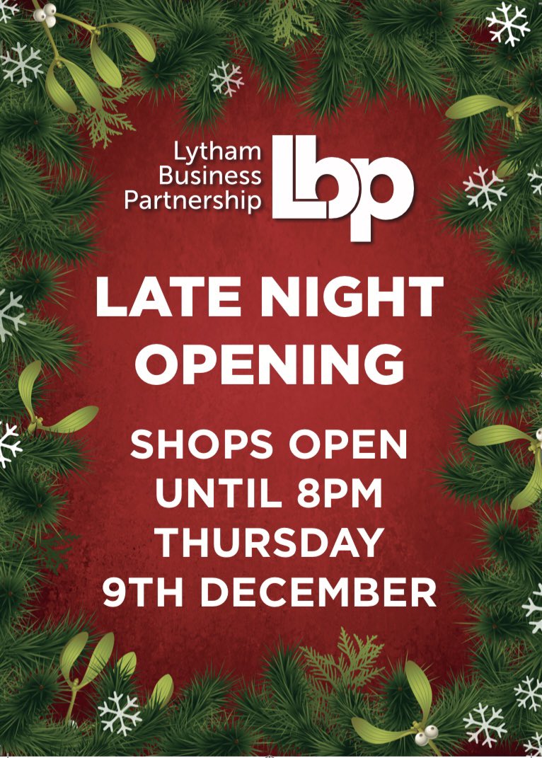 Lytham Late Night Christmas Shopping. Thursday 9 December until 8pm. A warm welcome awaits, and maybe you could treat your door…

Lots of independent retailers are joining in with special offers and treats.

#lythamlatenightshopping
#festivelytham
#shoplocal