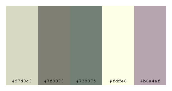 ColPaletteBot's tweet photo. Beep beep, here's a pretty color palette for you!
color-scheme.js parameters used:
- hue: 336
- variation: pale
- colors: #d7d9c3, #7f8073, #738075, #fdffe6, #b6a4af
Have a lovely evening!
#twitterbot #colorpalette #colors #palette #prettycolors https://t.co/bDOm1sOkF5