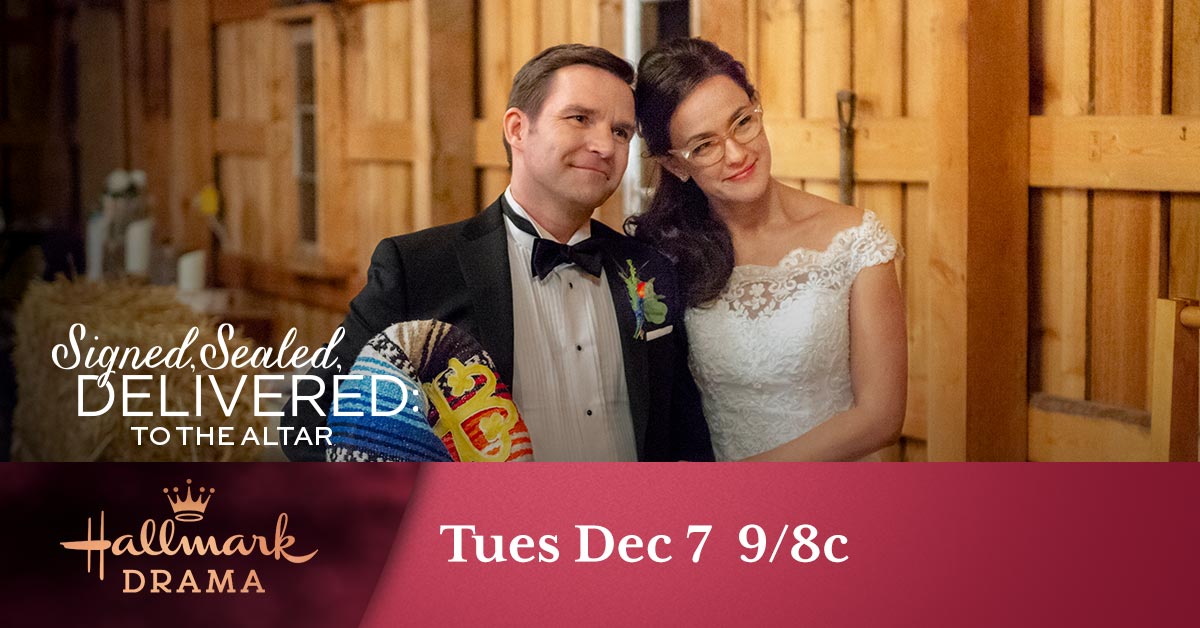 Hallmark_Family's tweet photo. #POstables, you are cordially invited to the unforgettable wedding of Norman @geoffgustafson and Rita @realcrystallowe! Tune in tonight at 9/8c to watch #SignedSealedDelivered: To The Altar. https://t.co/HDftL4bvS3