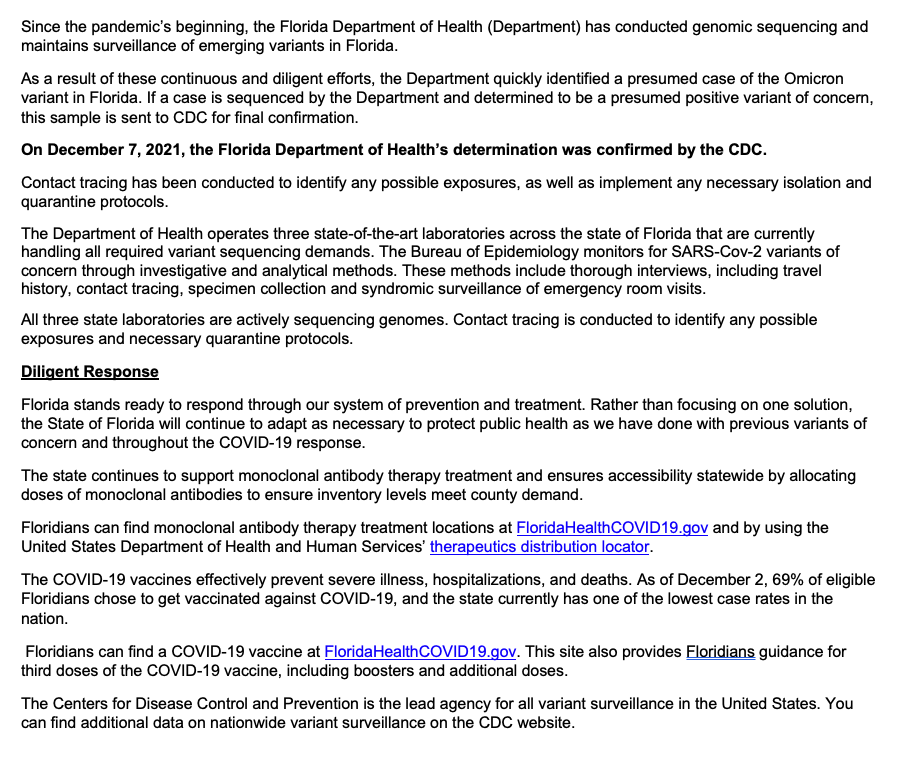 HealthyFla's tweet photo. Earlier today, a statement was released regarding the presumed case of Omicron detected by the Florida Department of Health. This case has now been confirmed by @CDCgov. The Department has released an updated statement below as of 6pm. https://t.co/Zmkx2fszMG