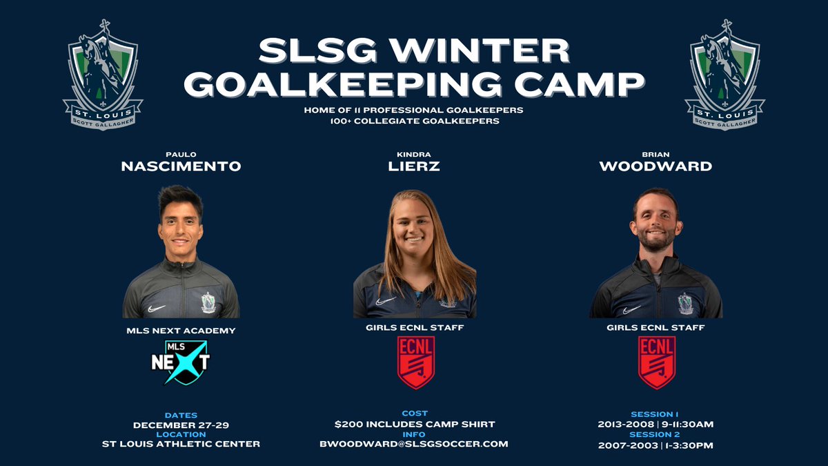 🚨@CampsSLSG Winter Goalkeeping Camp Staff🚨

Welcome <a href="/KindraLierz/">Kindra Lierz ⚽</a>, @PVitorFutsal &amp; @BrianWoodward74! Together, these 3️⃣ bring:
1️⃣2️⃣yrs - Men’s &amp; Women’s <a href="/NCAASoccer/">NCAA Soccer</a> coaching experience (D1, D2 &amp; D3)
1️⃣2️⃣yrs - <a href="/ECNLgirls/">ECNL Girls</a> &amp; <a href="/MLSNEXT/">MLS NEXT</a> coaching experience

👇
 slsgsoccer.com/goalkeeper-camp