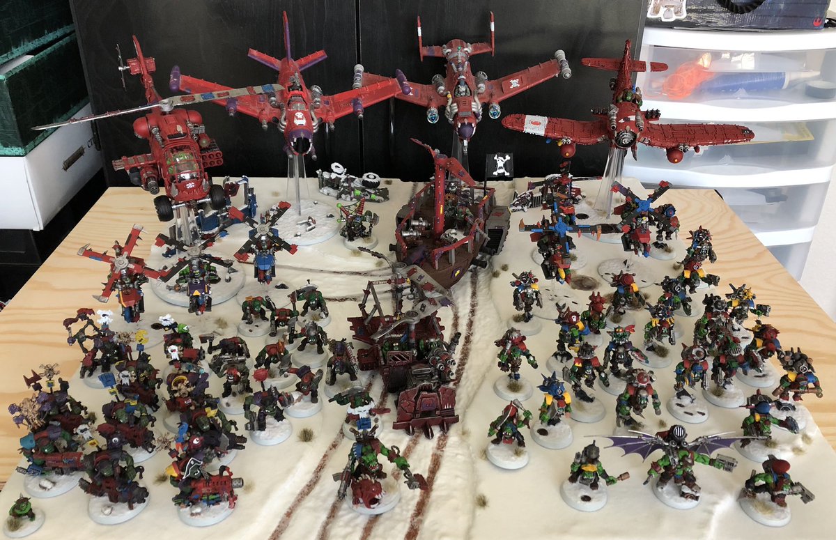 TheLilMek's tweet photo. This year i worked to โfinishโ 2 different playable forces iโd already started. I also finished the a lot more pieces for my #SectorMechanicus kill zone too. My favorite model finished was Wingnut the Stormboy Nob. #StormDragons40k #AirWAAAGH #OrkFreebooterz #Freebooterz #Eldinus https://t.co/NdENpXyhJ1