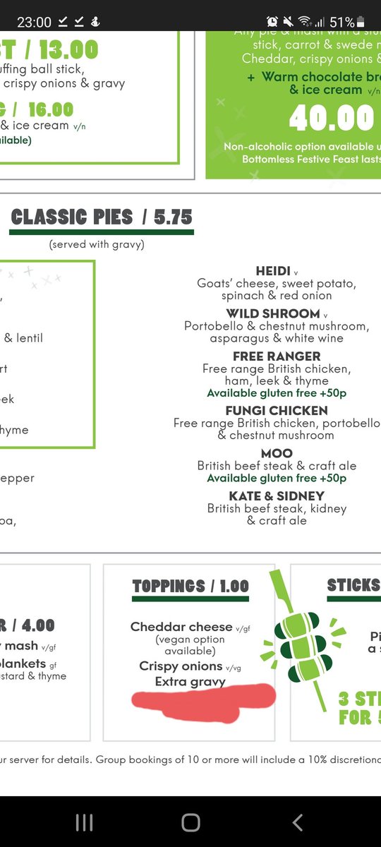topspong's tweet photo. @pieminister Hey, thanks for replying. When I look at the menu on the website it shows 'extra gravy' with no 'v/vg', and on deliveroo it has the gravy as 'v' only - this is in Manchester (Church street). https://t.co/utLk87rGJW