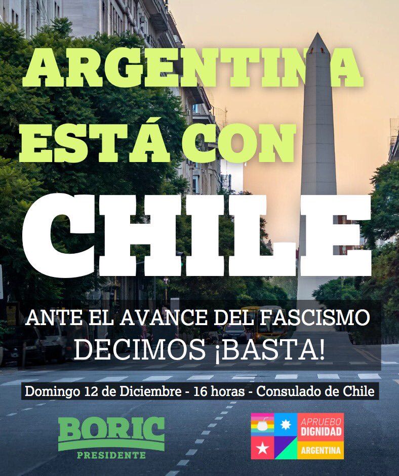 arayamas's tweet photo. 🇨🇱Vamos este domingo 12, frente al Consulado general de Chile a apoyar a Gabriel Boric. Diagonal Norte y Florida a las 16.  Parar la arremetida fascista en Chile es una obligación moral. Para borrar del mapa al pinochetismo de una buena vez. Hermanos argentinos, acompáñennos!!!! https://t.co/avxIBcYWnD