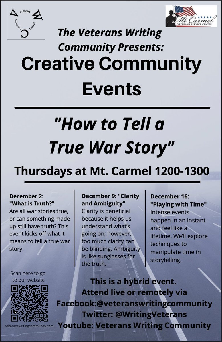 WritingVeterans's tweet photo. #TeaserTuesday: Clarity is beneficial because it helps us understand what’s going on--but too much clarity can be blinding. Ambiguity is like sunglasses for the truth. Join us Dec 9, 12-1pm MST live @mt_carmel_vsc and streamed on this channel #WritingVeterans #WritingCommunity https://t.co/qcAgiRgvut