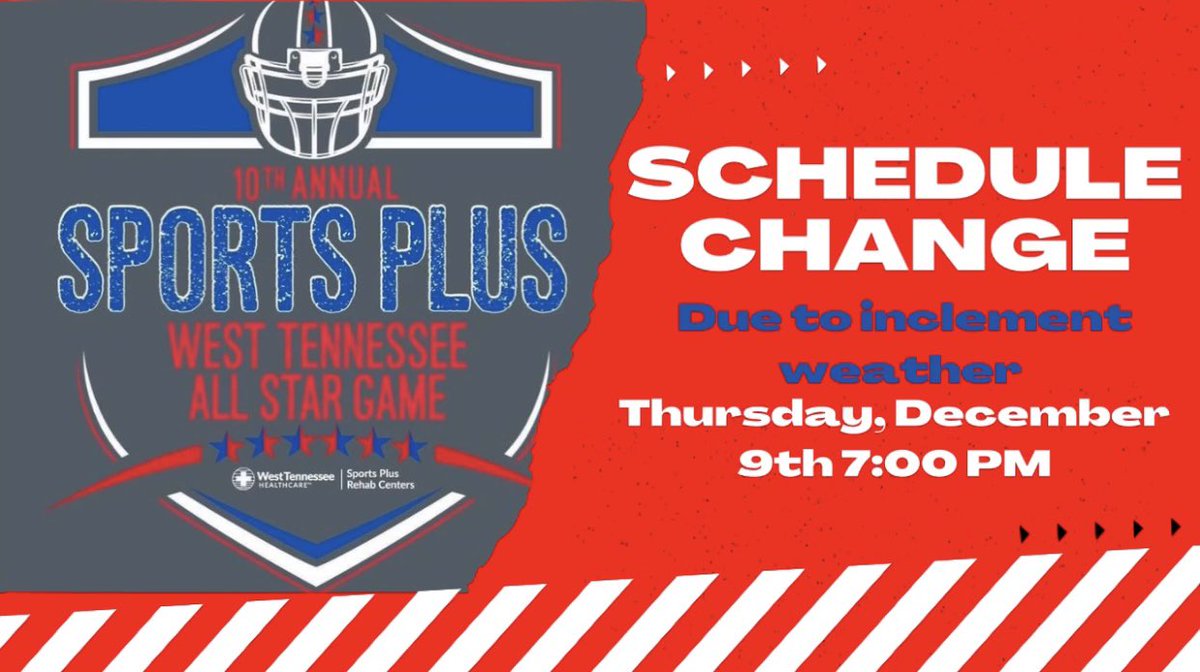 WT_TN_ALL_STAR's tweet photo. 🚨 IMPORTANT 🚨 

The Sports Plus West TN All-Star game has been moved to Thursday, December 9th due to the threat of inclement weather. https://t.co/2VFV7VEnA9