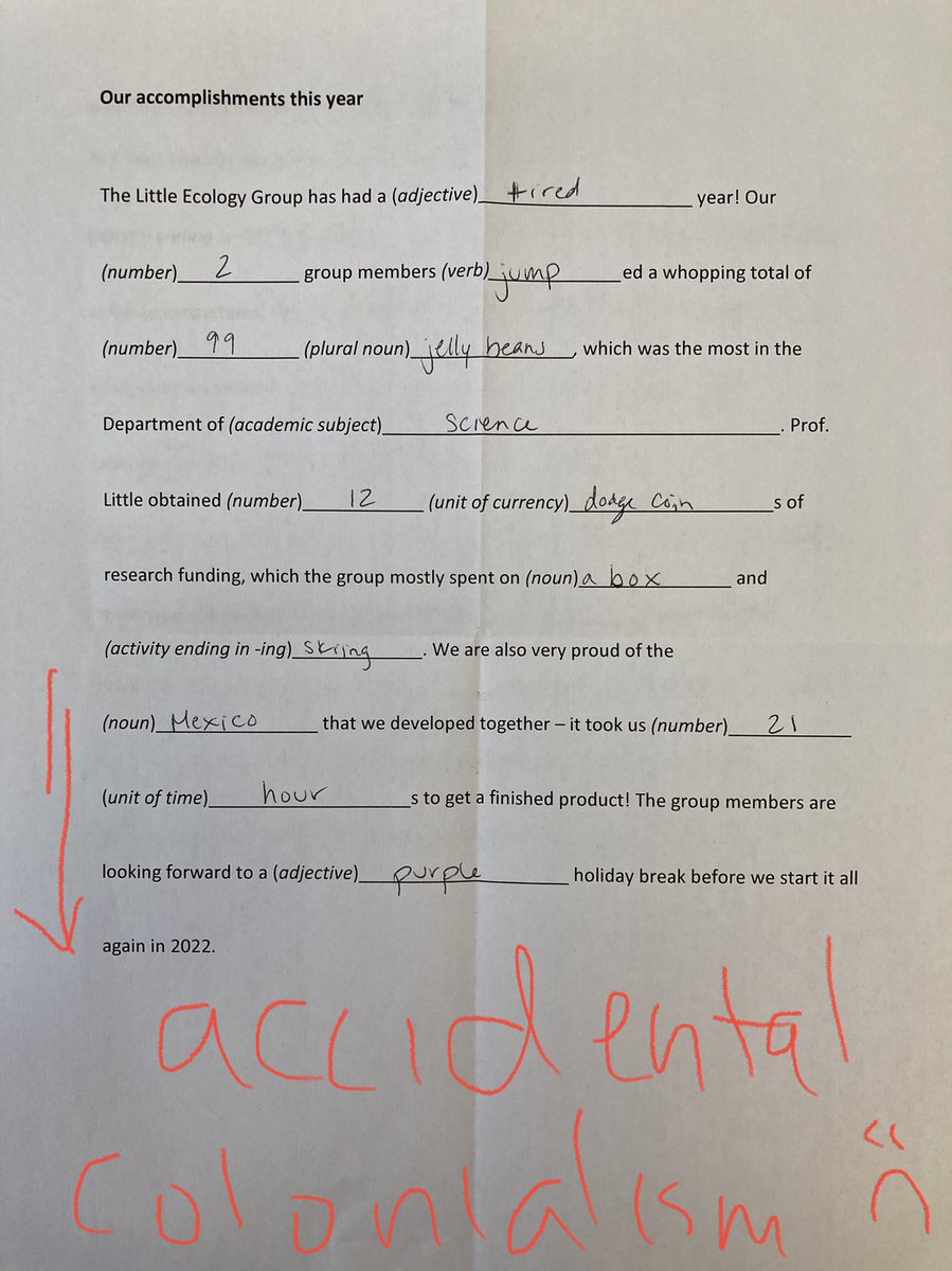 ChelskiLittle's tweet photo. Last lab meeting of the year. We made mad libs about our science. We’ve had many great successes and are planning some exciting projects 😂 https://t.co/GC55evaj0f