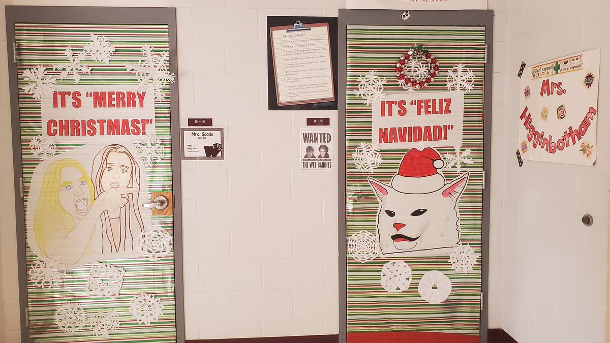 TabHigginbotham's tweet photo. When a Spanish teacher and an English teacher are next door to each other......and your school holds a door decorating contest. . https://t.co/GlnIsOOAq8