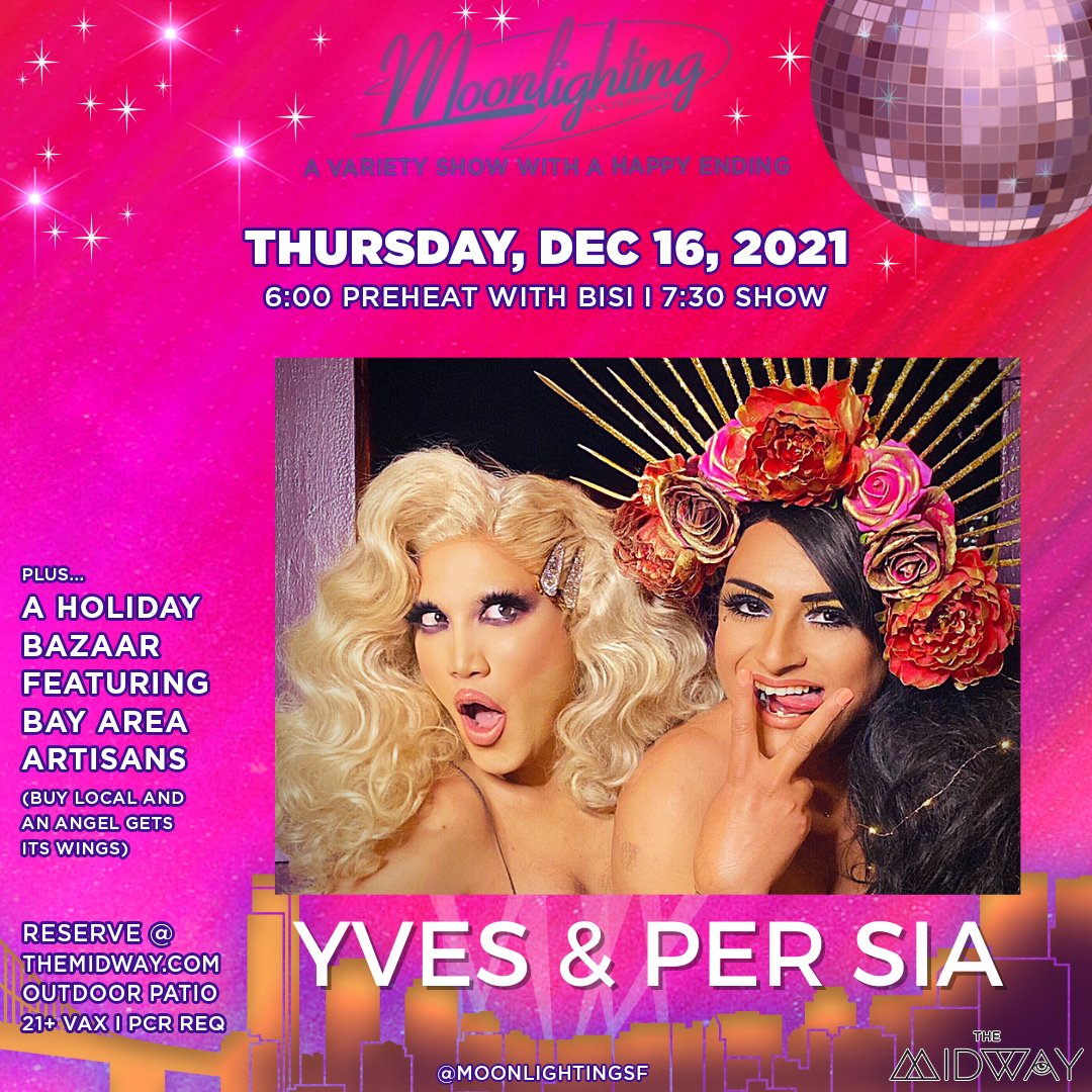 Naughty AND nice! Be sure to join us on 12/16 @themidwaysf for an oh-so-jolly drag duet by Featured Performers, the legendary and beloved queens of San Francisco, Per Sia and Yves Saint Croissant! tixr.com/groups/midways…
 #moonlighting #maskuptogetdown #sfdrag #sfevent #sfcomedy