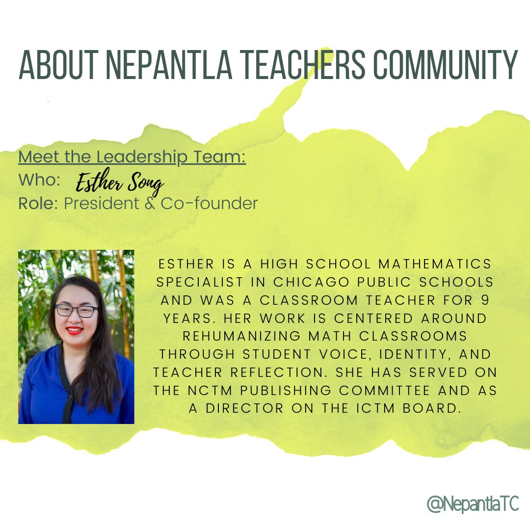 Nepantla Teachers Community (@nepantlatc) on Twitter photo Monday Meet the Leadership Team Feature: Esther Song President & Co-Founder <a href="/eugoogley/">E S</a> mentored by <a href="/RG1gal/">Rochelle Gutierrez</a> Monday Meet the Leadership Team Feature: Esther Song President & Co-Founder <a href="/eugoogley/">E S</a> mentored by <a href="/RG1gal/">Rochelle Gutierrez</a>