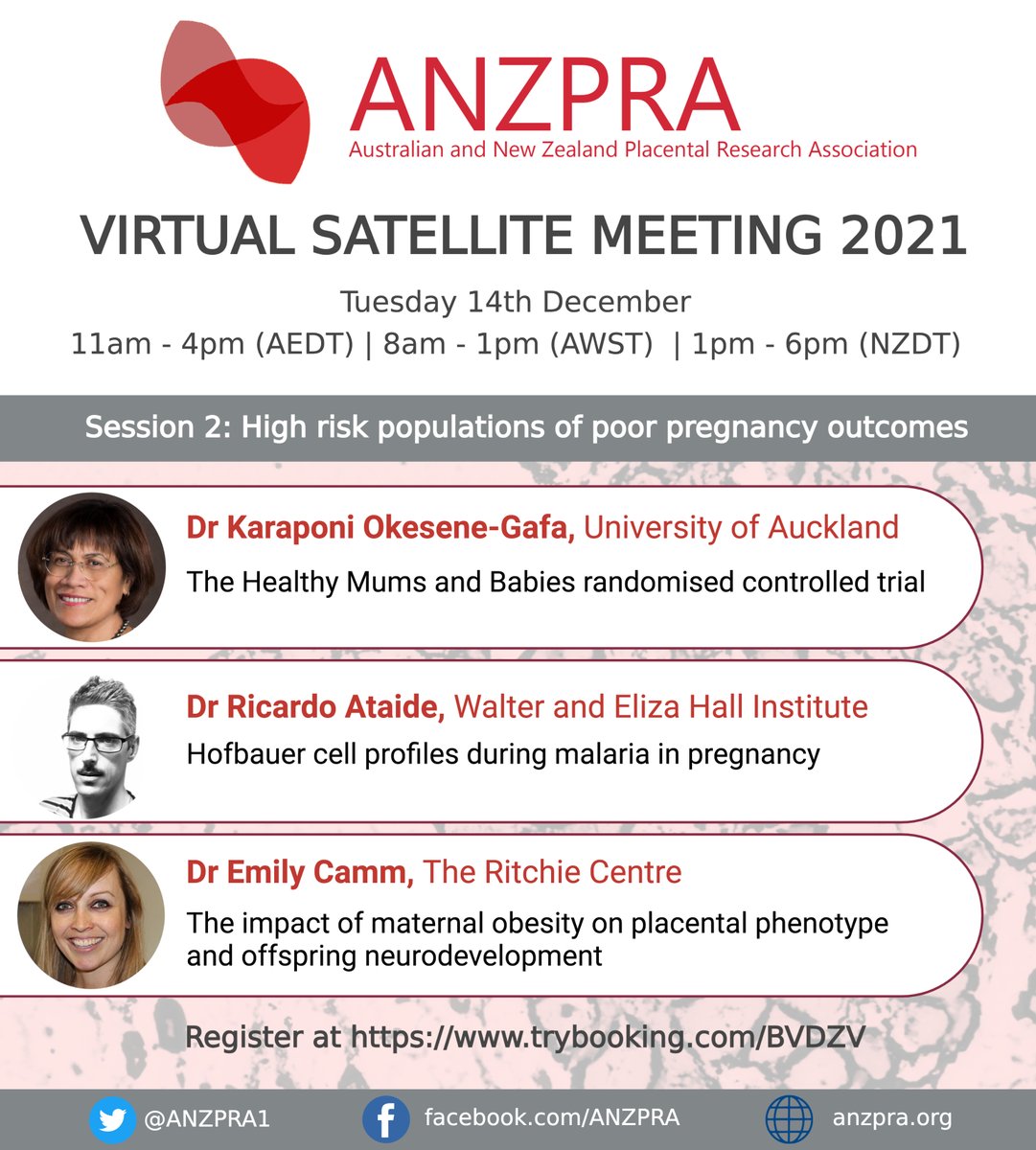 ANZPRA (@anzpra1) on Twitter photo Check out our stellar line up for Session 2 of our virtual satellite, covering 'high risk populations of poor pregnancy outcomes.' 🤰🦟👩👦Featuring <a href="/KaraponiG/">Karaponi Okesene-Gafa</a>, <a href="/ricardoataide/">Ricardo Ataide</a> and <a href="/DrEmilyCamm/">EmilyCamm</a> - you don't want to miss it! Register (free!) here: trybooking.com/BVDZV Check out our stellar line up for Session 2 of our virtual satellite, covering 'high risk populations of poor pregnancy outcomes.' 🤰🦟👩👦Featuring <a href="/KaraponiG/">Karaponi Okesene-Gafa</a>, <a href="/ricardoataide/">Ricardo Ataide</a> and <a href="/DrEmilyCamm/">EmilyCamm</a> - you don't want to miss it! Register (free!) here: trybooking.com/BVDZV