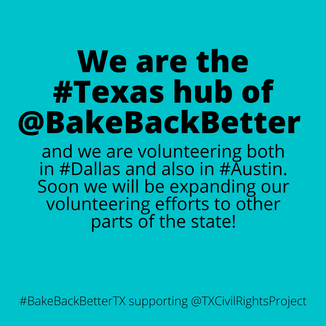 BakeTexasBlue's tweet photo. We are the #Texas hub of @BakeBackBetter and we are volunteering both in #Dallas and also in #Austin. Soon we will be expanding our volunteering efforts to other parts of the state!
If you're just discovering us #BakeBackBetterTX is grassroots fundraising supporting good causes. https://t.co/egQb2xXx20