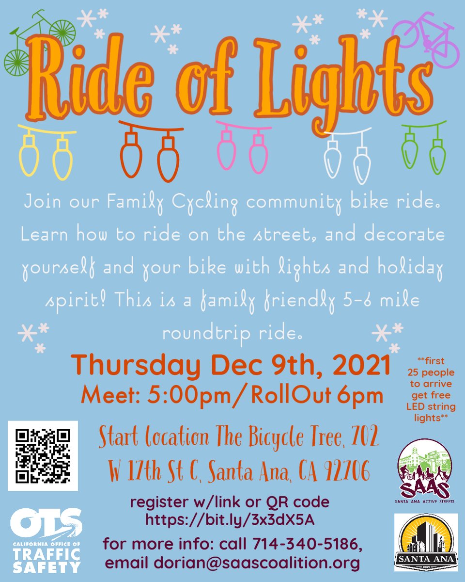 #Event Alert: Join <a href="/SAActiveStreets/">SAAS Coalition</a> for a holiday ride on 12/9 for their Ride of Lights Event. 

📍 The Bicycle Tree, 702 W. 17th St. C, Santa Ana, CA 92706 
🔦 Free Bike Lights, Helmets &amp; Safe Riding Demo  

Register here: bit.ly/RideofLights

#CVProjects #OrangeCountyEvents