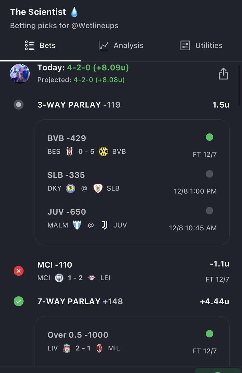 WetLineups's tweet photo. Soccer continues to stay blazing hot 🥵
 +8 units on the day and a little over +32 units in the last 7 days LFG!! 💰 These are posted FREE on our @actionnetwork page what’re y’all waiting for? 

#footy #gamblingtwitter #UCL #cashwithus https://t.co/pPReZ0jFd5