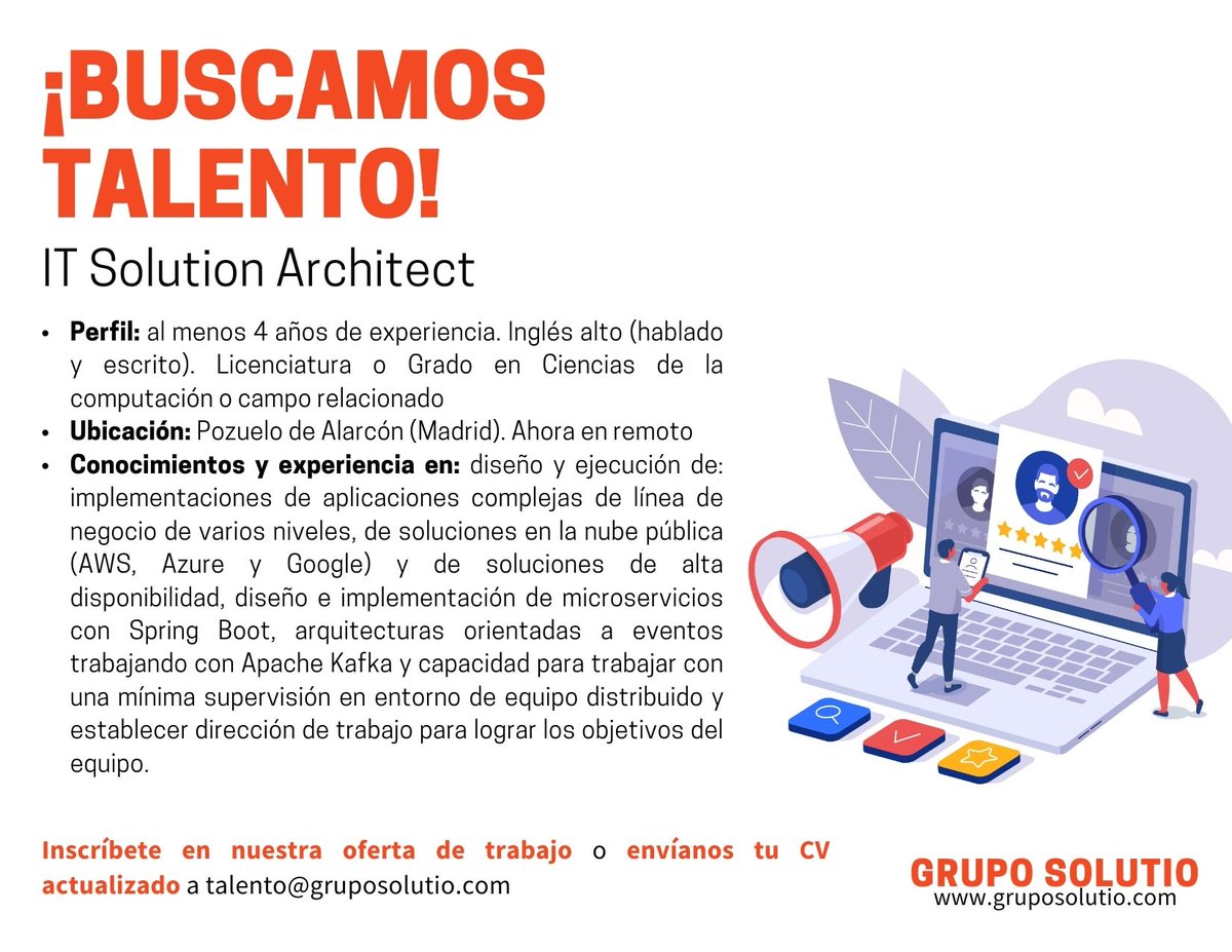 Grupo_Solutio's tweet photo. Para proyecto estable y en remoto en compañía de telecomunicaciones orientada al sector bancario y situada en Pozuelo de Alarcón, seleccionamos a un/a #ITSolutionArchitect.
➡Aplica aquí: https://t.co/dFemaCP5F2
➡Envíanos tu CV a talento@gruposolutio.com
#SolutioTalent https://t.co/92Lu2q7oa6