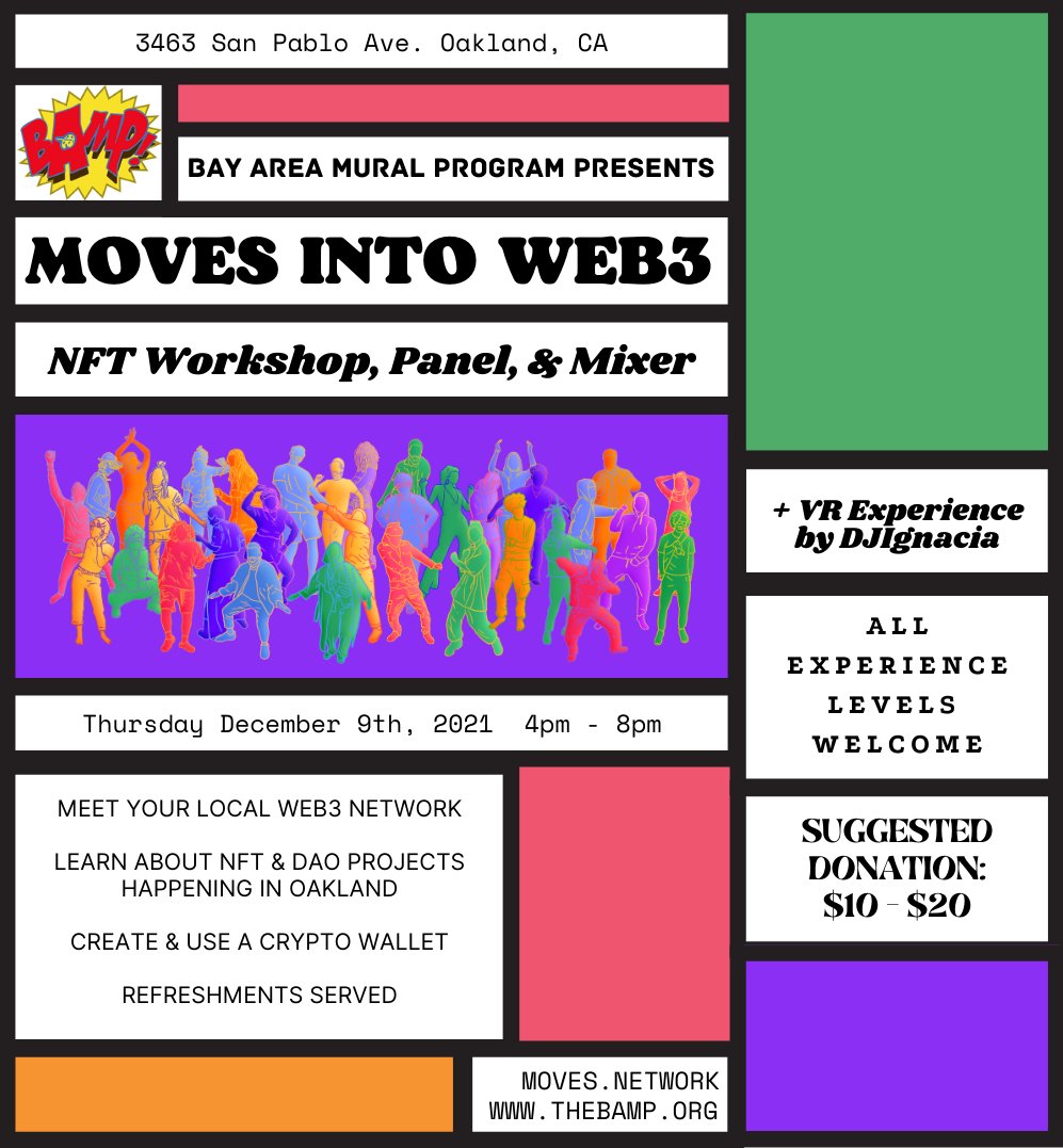 taramoves's tweet photo. BAY AREA WEB3 INTERESTED FOLKS ->

MOVES into Web3: In-Person Workshop, Mixer, &amp; Panel in Oakland this Thursday 

If ur new to web3 ->  5pm ONBOARDING!

If ur deep in it -> 6pm PANEL to learn about amazing Web3 projects (NFTs and DAOs!) happening locally!

https://t.co/HNXIi7LaFi https://t.co/SJHPRGjuVb