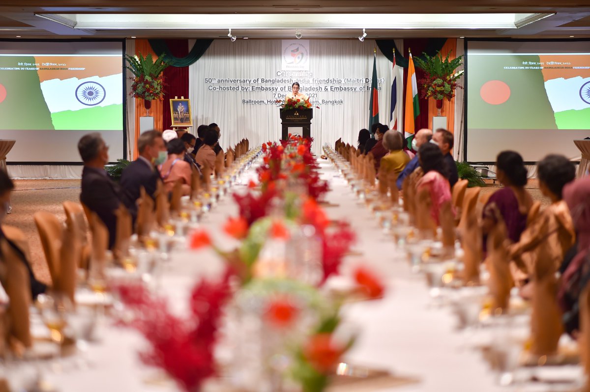 IndiainThailand's tweet photo. Embassies of 🇮🇳 &amp; 🇧🇩 in Bangkok jointly celebrated 50 years of friendship #MaitriDiwas today.  Thai dignitaries, business leaders, diplomatic corps &amp; members of Indian &amp; Bangladeshi communities graced occasion.1/3
#মৈত্রী_দিবস 
#मैत्री_दिवस
@IndianDiplomacy
@MEAIndia
@ihcdhaka https://t.co/J2aoRdYmsf