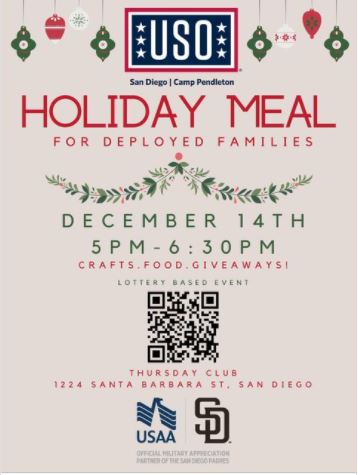 USOSanDiego's tweet image. Holiday Meal for Deployed Families
December 14th | 5PM-6:30PM | Thursday Club
Please view link for registration and details: forms.gle/uK5MqVNgWbsRdE…
Sponsored by: @Padres and @USAA 
@the_USO @USOSanDiego @USOPendleton 
#MoreThanThanks #uso #military #USOHolidays #Padres #USAA