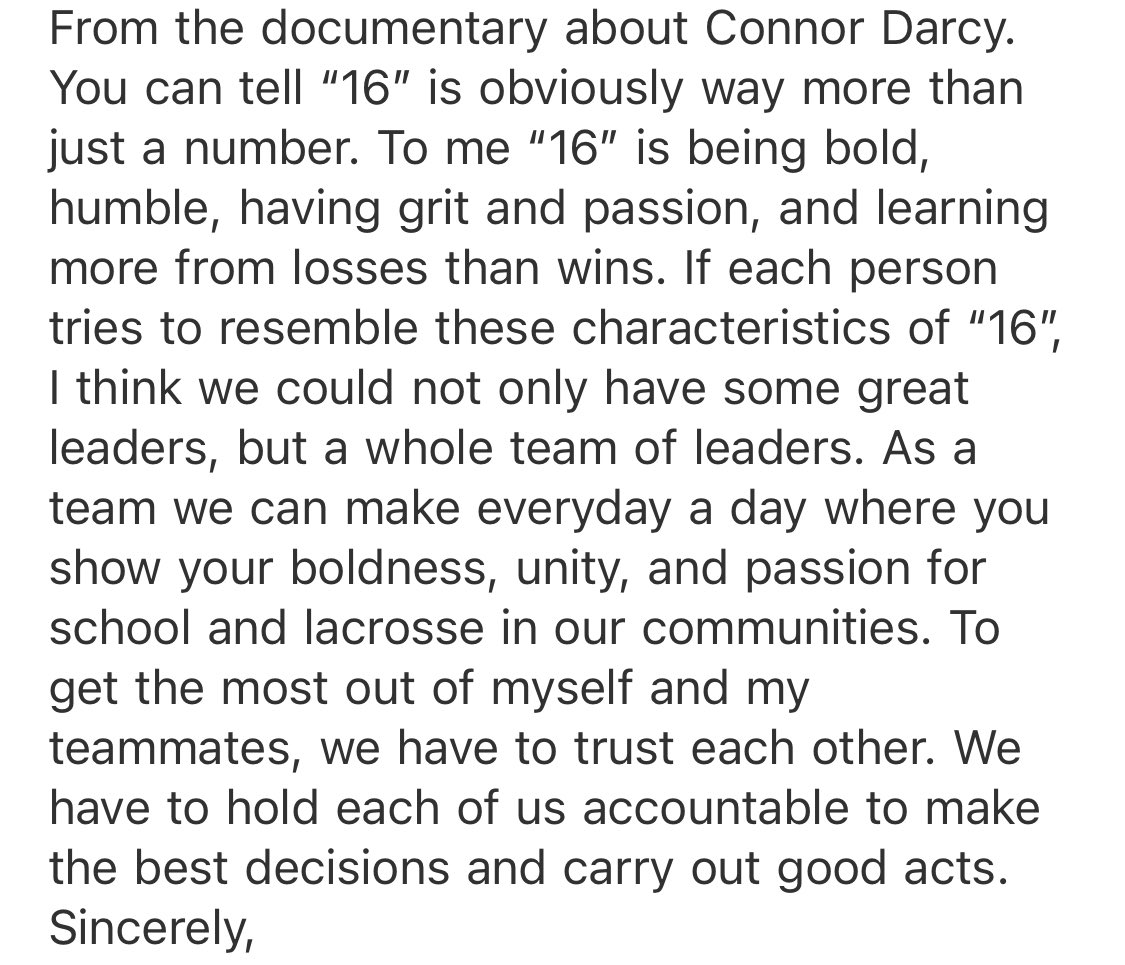 Last Wednesday our boys watched the inspiring <a href="/16Documentary/">16</a> about the legacy of #16 Connor Darcy. Their assignment was to explain to their teammates what “16” means to them and how they can STRIVE to leave a similar impact. Here was our first submission from a freshman.