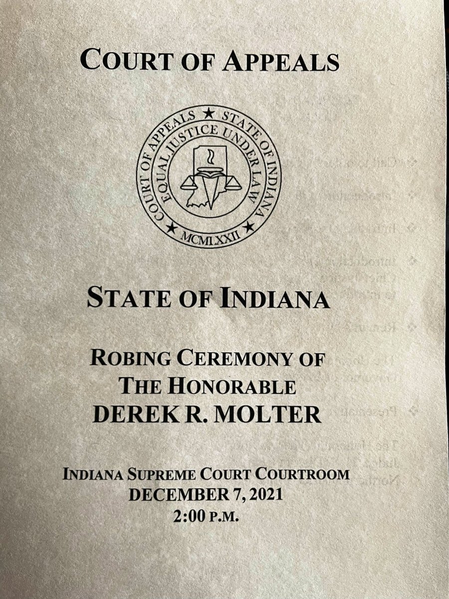 AustenParrish's tweet photo. Alumni news: terrific afternoon at the Indiana Supreme Court (@incourts) for the Robing Ceremony of the Hon. Derek Molter ‘07. While in law school, Judge Molter was the Executive Notes &amp; Comments Editor for the @IndianaLJ and a member of the Order of the Coif. https://t.co/WjRRXm8bxk