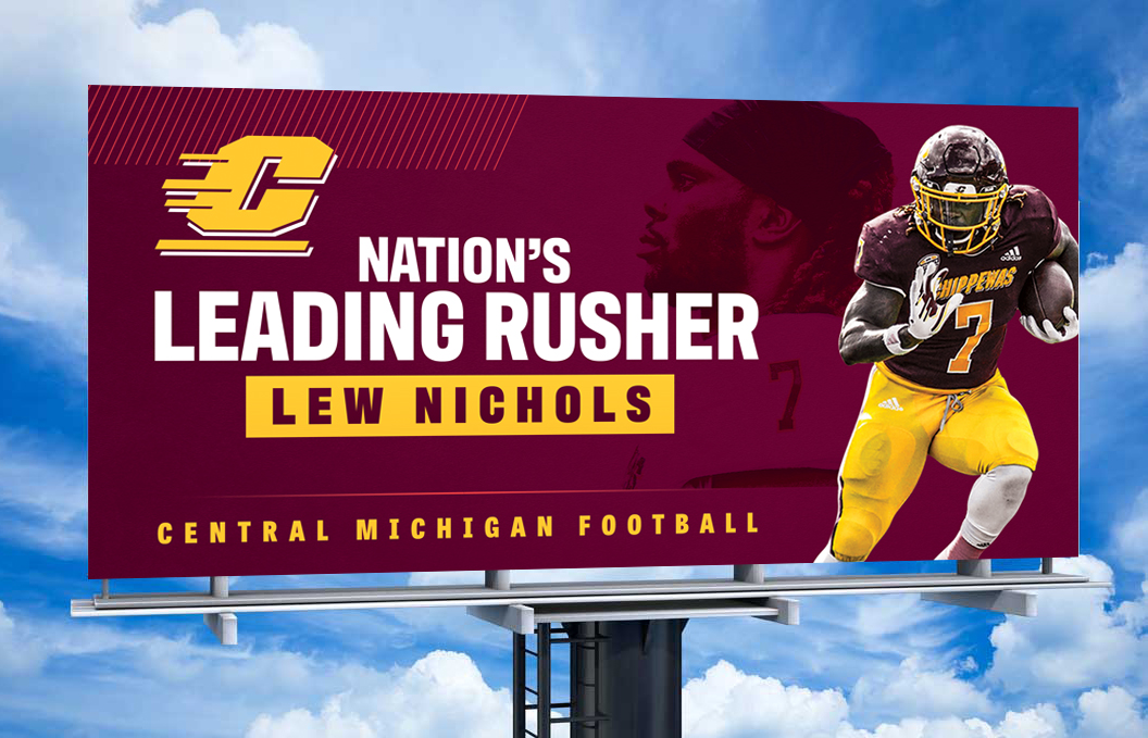 CMU_Football's tweet photo. Be on the lookout for LEEWWWWWW‼️‼️

These 15 digital billboard recognizing Lew Nichols III as the nation's leading rusher are up are in Detroit, Grand Rapids, Lansing and Mount Pleasant.

#FireUpChips 🔥⬆️ 🏈 | @LewNichols_ https://t.co/X0rpcz5yff