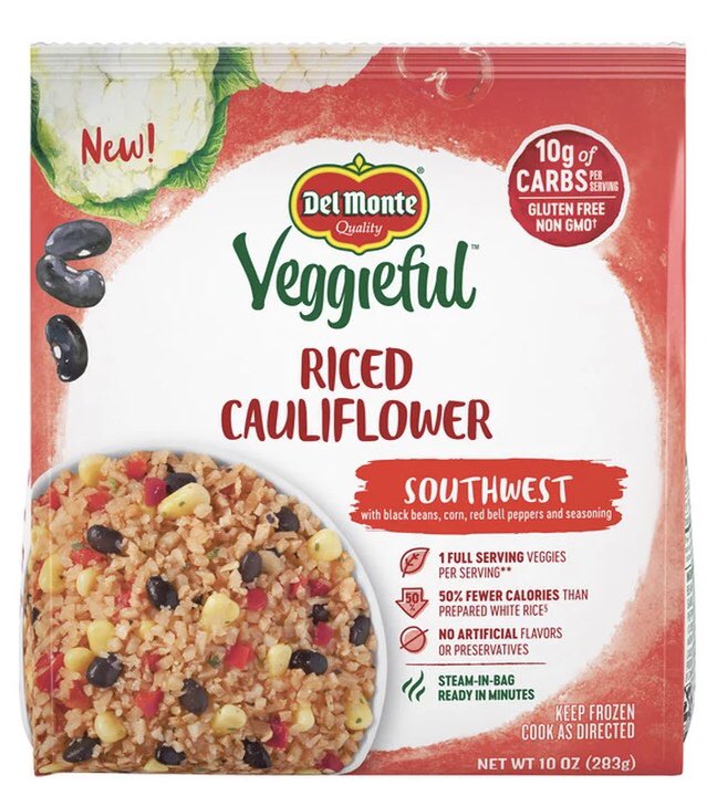 My newest fave low carb meal hack! Ground chicken w/ a packet of taco seasoning tossed with some of this riced cauliflower + fresh spinach + fresh pico & add some cheese. Yum! #lowcarbdiet #delmonteveggieful #mealhacks