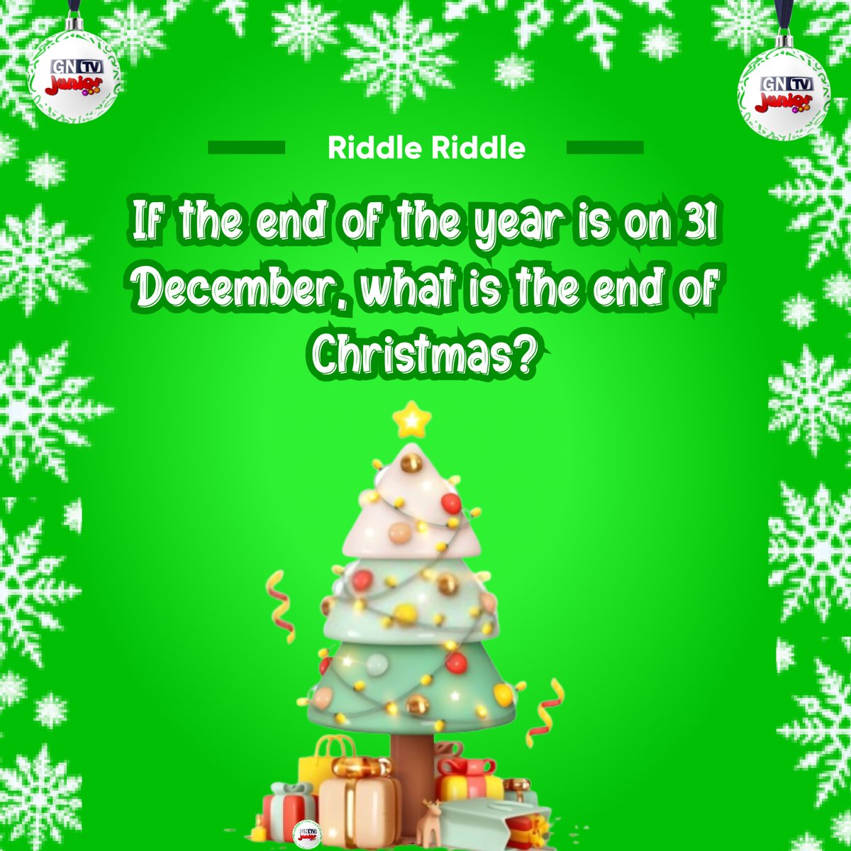 gntvjnr's tweet photo. It's all about the Christmas season๐
Let's try our hands on this riddle!
#riddleoftheday #gntvjunior #made4kids #christmasriddles๐๐ #whatami #CH171 #feelifeeli #tistheseason #Christmas #xmas https://t.co/Sa8zLm9l39
